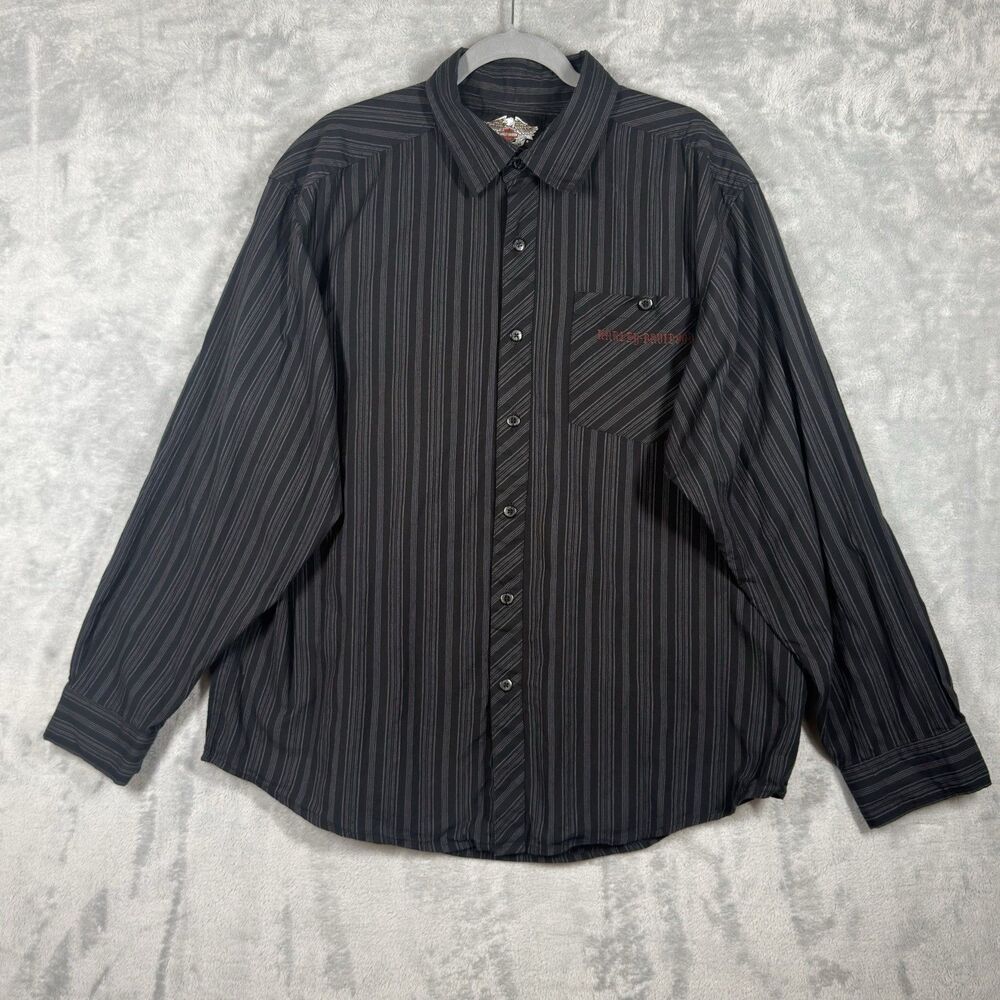 Vintage Harley-Davidson Old English Spell Out Striped Garage Shirt Mens XLarge